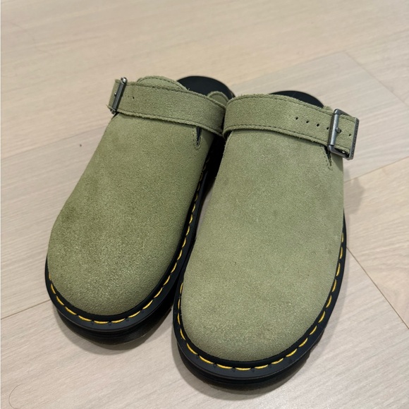Dr. Martens Shoes - Dr. Martens Olive Green Suede Clogs with Yellow Stitching